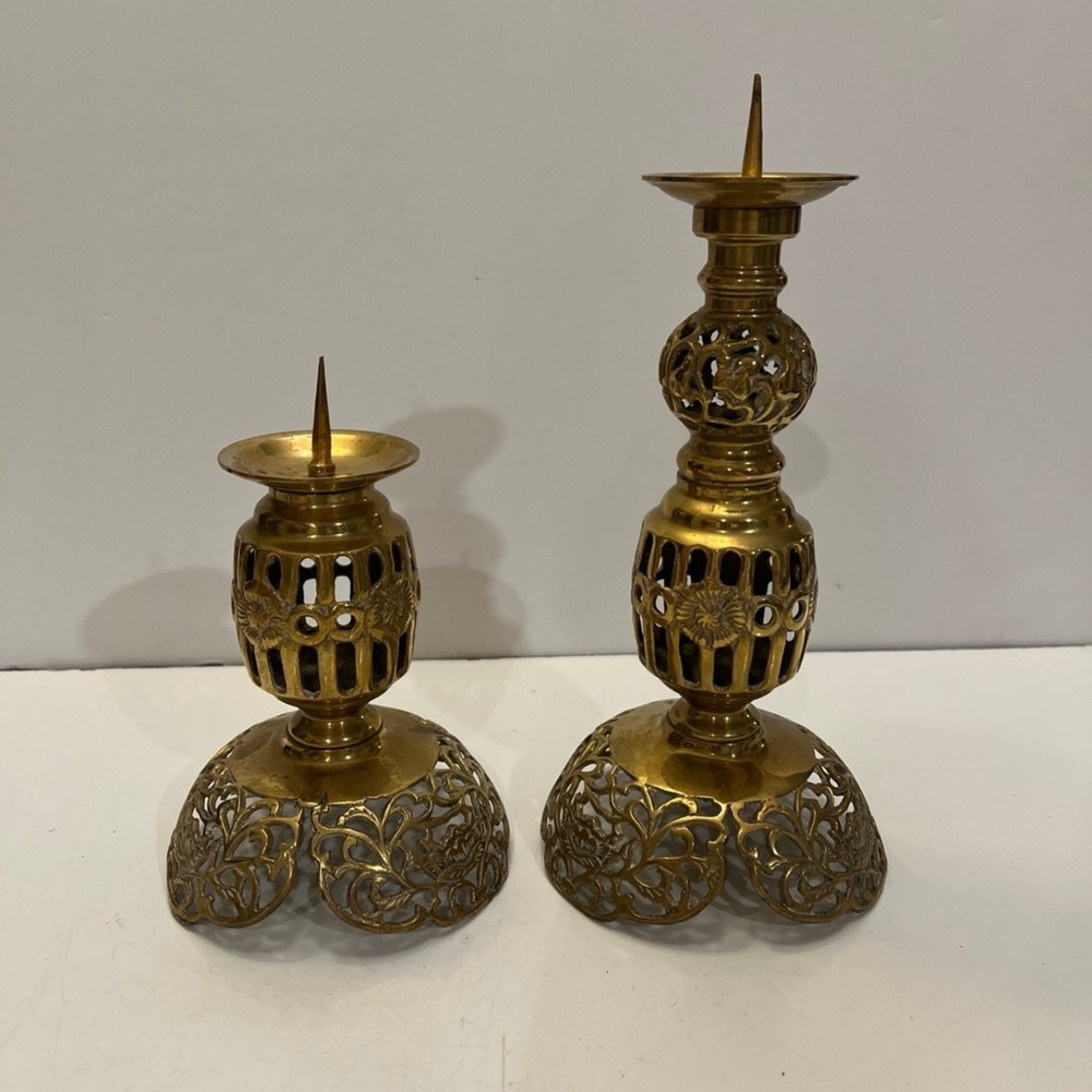 Vintage Pair of Ornate Brass Filigree Candlestick Candle Holders